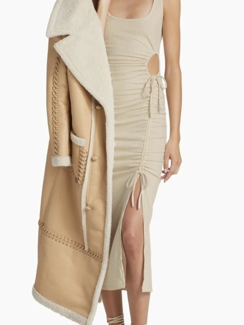 Jonathan Simkhai Beige Ribbed Cutout Drawstring Tank Midi Dress, Size Small